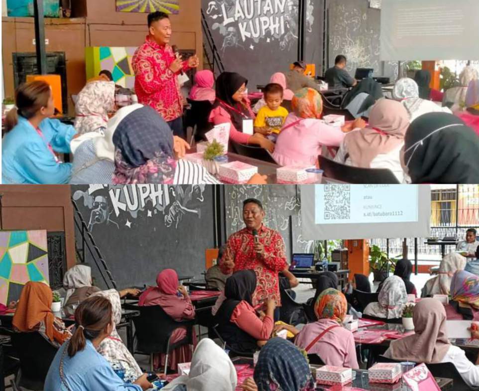 Dr Aswan Jaya saat menjadi narasumber pada kegiatan lanjutan pelatihan Literasi Digital bagi masyarakat di Lautan KUPHI, Jalan RA. Kartini Asahan pada Senin (11/12/2023).