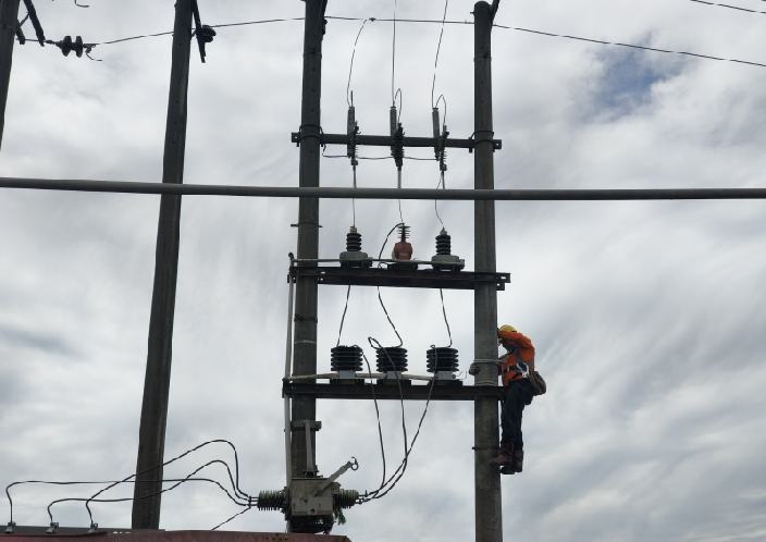 Petugas penyambungan PLN sedang melakukan pemasangan komponen jaringan listrik layanan _sameday service_ ke perusahaan pengolahan kelapa sawit, Rabu (21/8/2024).