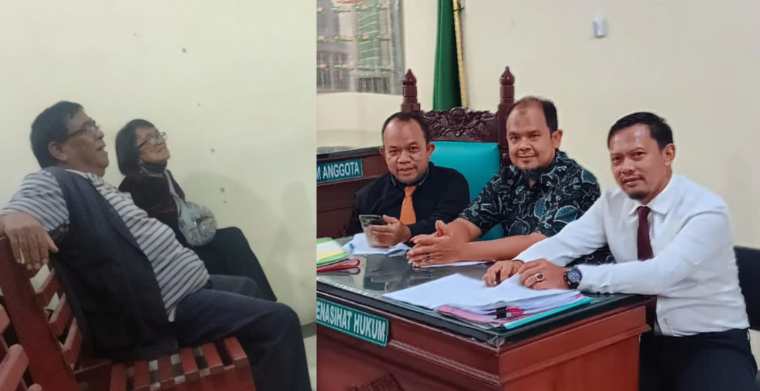 Kiri, Bakti Karo-karo S, saksi penggugat. Foto kanan, Edy Sutono SH MM (kanan) penasehat hukum tergugat II s/d VI, Andi Putra Sitorus SH MH (tengah) dan Muslim Harahap SH. MH (kiri), prinsipal dari Yayasan Pendidikan Harapan, saat sidang di PN Lubukpak, Selasa (17/12/2024).