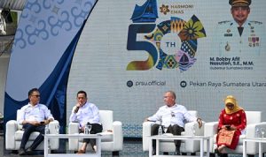 Temu Pers bersama panitia penyelenggara Pekan Raya Sumatera Utara (PRSU) ke-50 Tahun 2026 di Komplek PRSU (Panggung Keong Taman Budaya), Jalan Gatot Subroto Medan, Rabu (1/7/2026). Foto/Diskominfo Sumut